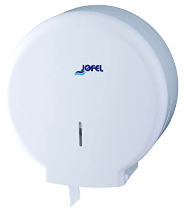 Jofel - Portarrollos de Papel Higiénico Industrial Mediano, Dispensador de Papel en Rollos de hasta 300m, max. 220mm de Diametro, Mandril de 45mm, Ideal en Baños Públicos WC, Azur AE51000, ABS Blanco
