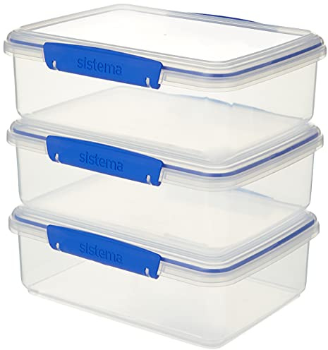 Sistema 1723 Klip It Food Storage Container Set, Large Airtight Food Boxes with Clip-Close Lids, BPA-Free, Blue Clips, 2 L, 3 Count
