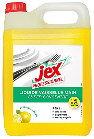 JEX Professionnel - Liquide vaisselle Mains Parfum Citron - Action 3 en 1 : Dégraissant, Zéro Traces, Séchage Rapide - Formule Ultra-Concentrée - Fabrication Française - 5 Litres