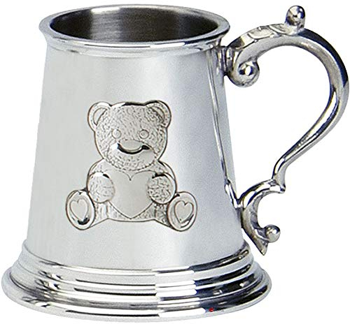 I LUV LTD Christening Gift Childrens Plain Tankard with Teddy on Handle Pewter Cup