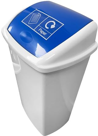 Chabrias Ltd Plastic 50 Litre Swing Top Bin Blue & Paper Logo, Flip Top, Colour Coded, Recycling, Home, Work, Office, Recycle