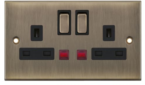 ANTIQUE BRASS 13A TWIN SWITCHED SOCKET DP WITH NEONS BLACK INSERTS DSL624