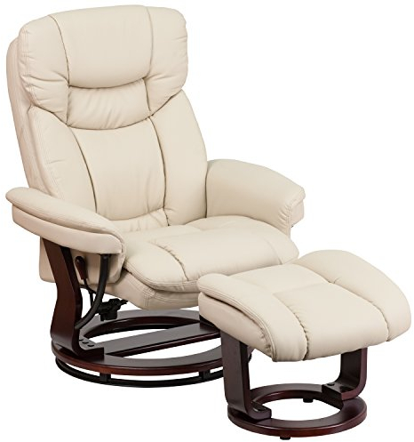 Flash Furniture LeatherSoft Swivel Recliner Chair with Ottoman Footrest, Comfy Leather Recliner with Padded Leather Upholstery, Opulent Lever Operated Recliner Armchair in Beige