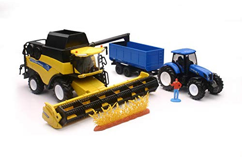 New Holland CR9090 Combine and T7.270 Tractor Set, 1:32 Scale Die-Cast Model, with Trailer and Accessories