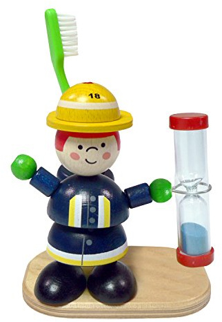 Hess Holzspielzeug 14575 - Zahnputzuhr aus Holz für Kinder, Serie Feuerwehrmann Fred, inkl. Sanduhr, handgefertigt, Zahnputzbecher zur täglichen Nutzung beim Zähneputzen
