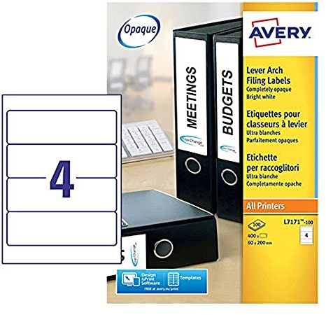 Avery L7171-100 Printable, Customisable Lever Arch File Labels, 4 Labels Per A4 Sheet, 100 Labels Per Pack, White