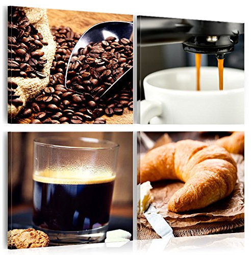 B&D XXL - Wandbilder Set Küche 80x80 cm 4 Teilig je 40x40 Vlies Leinwandbild Kunstdruck modern Wandbilder XXL Wanddekoration Design Wand Bild mehrteilig - Kaffee Coffee j-B-0019-b-i