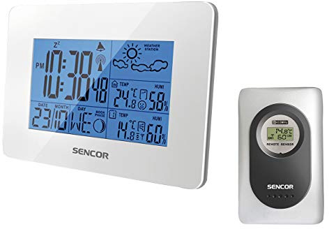 SENCOR SWS 51 W Wetterstation mit kabellosem Temperatur- und Feuchtigkeitssensor, Großes Display mit blauer Hintergrundbeleuchtung, Uhrzeit, die per DCF-Funksignal übertragen wird, Anzeige von Uhrzeit, Datum, Wochentag, Mondphase, 2/24-Stunden-Regime, Wecker mit wiederholtem Alarm, Innentemperatur, Innenluftfeuchtigkeit, Außentemperatur, weiss