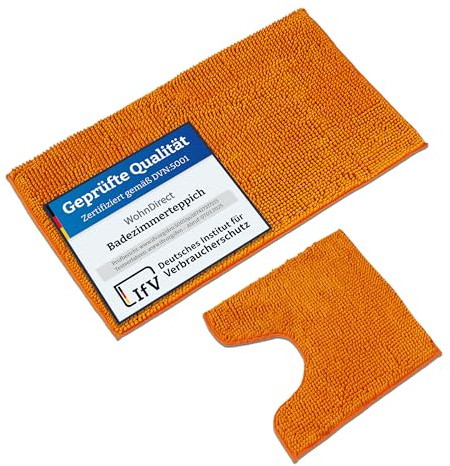 WohnDirect Badematten & Badteppich Set 2 teilig Orange • WC Vorleger mit Ausschnitt 45x45cm + Badematte rutschfest 50x80cm • Badvorleger frottee waschbar • Badezimmerteppich ÖkoTex • Bath mat