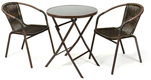 Nexos Bistroset aus Glastisch & Bistrostuhl – Stahlgestell Polyrattan Glasplatte – stapelbar – Farbe: Dunkelbraun schwarz