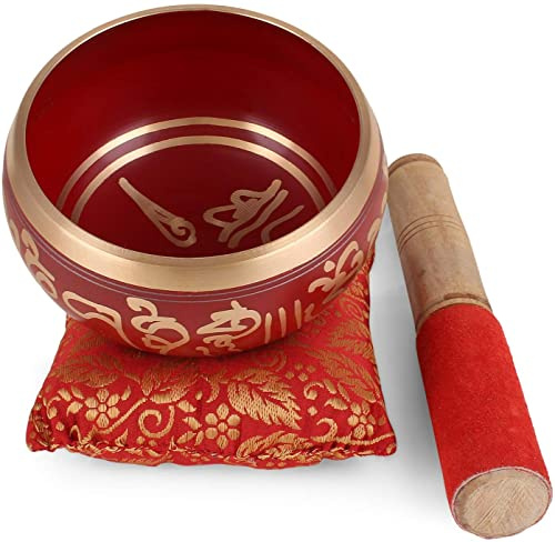 tibétain OM Mani Bol chantant de méditation/coussin/Maillet (10,2 cm, Rouge)