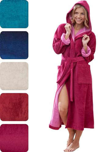 Morgenstern Bademantel Damen I Kapuze I Lang I Frottee I Velours I Luxus I Größe M I Fuchsia I 40 42