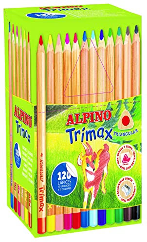 Alpino Trimax Economy Pack Lápices de Colores 120 Unidades | Lápices de Madera para Colorear Niños | Lápices Triangulares de Mina Resistente 5,4mm | Formato Escolar | Estuche Lápices de Madera