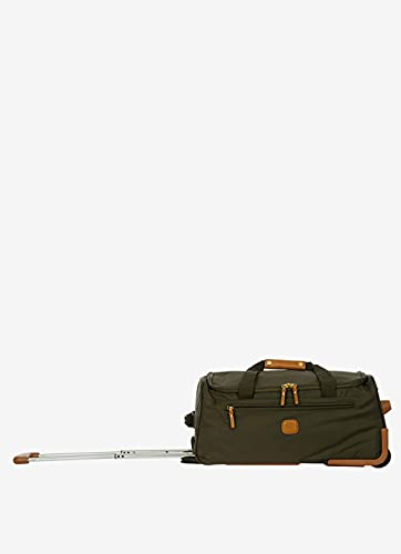 Bric’s X-Bag 21” Rolling Duffel – Water-Resistant Recycled Nylon Carry-On with Silent Wheels, Leather Details, Exterior Zipped Pocket, Garment Straps & Detachable Shoulder Strap – Olive