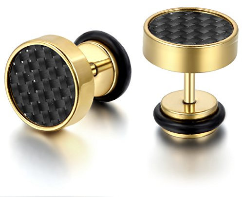 JewelryWe Fake Plug Ohrstecker Herren: Edelstahl Tunnel Ohrringe mit Kohlefaser Kohlenstofffaser Inlay Fake Ohr Plugs Ohrstecker Schraube Helix Tragus Piercings 8mm Gold Schwarz