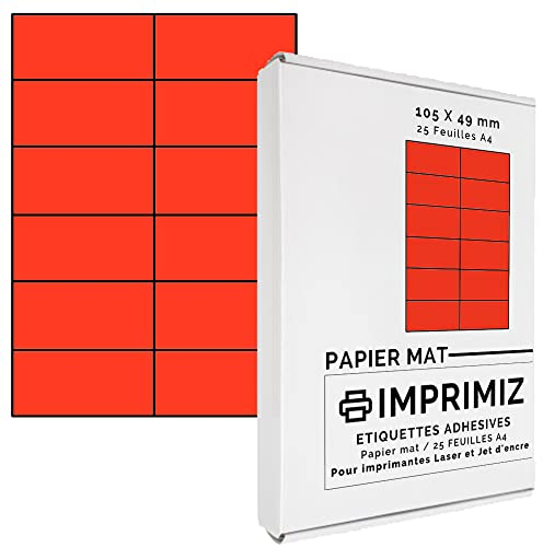 300 Selbstklebende Etiketten rot Neon von 105 x 49,5 mm - 12 Etiketten/Blatt - 25 Blatt A4 / Papier matt - Farbe - Für Inkjet/Laser/Kopier Drucker - Etiketten farbig