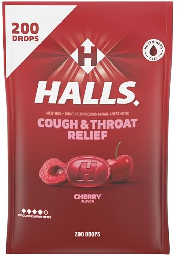 HALLS Cough and Throat Relief Cherry Cough Drops, Bulk Pack, 200 Drops