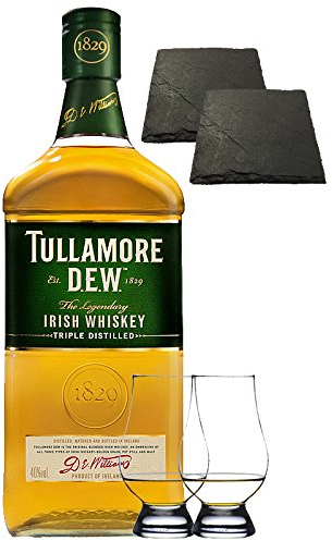 Tullamore Dew Blended Irish Whiskey 1,0 Liter + 2 Glencairn Gläser + 2 Schiefer Glasuntersetzer 9,5 cm