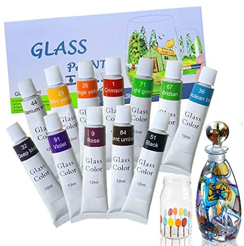 Magicdo® Vernice per Vetro 12 Colori con tavolozza, Vernice atossica per Vetro, Uso del Vetro per Vetro, Cristallo, Finestra e Ceramica (12x12ml)