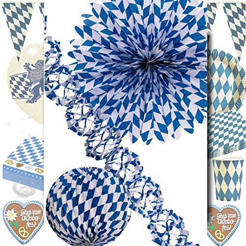 Bayern Lampion Girlande Fächer Bayrische Raumdeko 3 TLG. Wiesn Dekoset Oktoberfest Deko Set Partydeko Bayrisch Bayernraute Deko Feier Party Raumdekoration