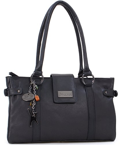 Catwalk Collection Handbags - Damen Leder Schultertasche - Handtasche Mittelgroß für Notizbuch A5 - MARTINA - Schwarz