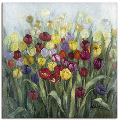 ARTLAND Wanddeko Leinwand Bilder Wandbild 70 x 70 cm Botanik Blumenwiese Tulpe Malerei Bunt A5SH Tulpenwiese