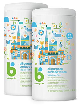Babyganics Toallitas multiusos para superficies, sin fragancia, 75 unidades a base de plantas y no abrasivas, sin amoníaco, sin lejía (paquete de 2)