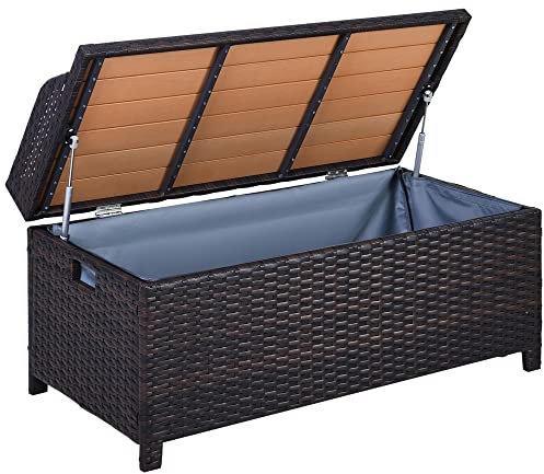 Outsunny PE Rattan Outdoor Storage Benches, Aluminium Garden Bench with Storage Underneath w/Zipped Inner Lining, Rods for Deck, Patio, Mixed Brown