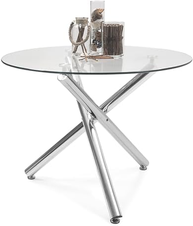 Homely – Mesa de Comedor Redonda Brisa, sobremesa de Cristal Templado Transparente de 110 cm diámetro, Patas de Metal Pulido Acabado Brillo, 110x110x75,5 cm