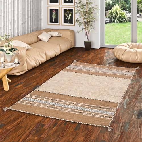 Navarro Natur Teppich Bauwolle Kelim Beige Braun in 6 Größen