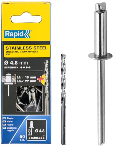 RAPID, 5000398, Rivets Acier Inoxydable, ø4, 8x25mm, 50 pièces, Forêt inclus Gris