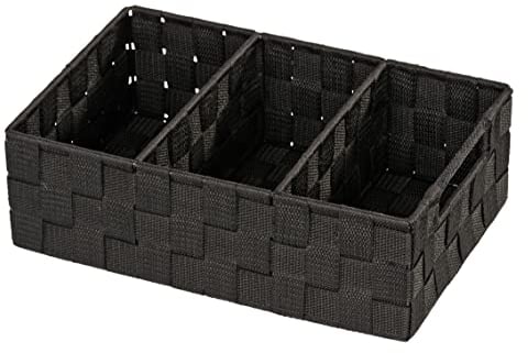 WENKO Organizer Mod. Adria, Aufbewahrungskorb mit 3 Fächern und praktischem Griff, feste Trennwände, hochwertiges Kunststoffgeflecht mit Metallstangen für extra Stabilität, 32 x 10 x 21 cm, Schwarz