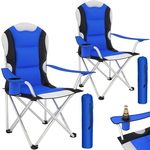 TecTake Chaise de Camping Fauteuil Pliable avec Porte-Boisson et Sac de Transport - Rembourrage en Mousse -diverses Couleurs et Tailles au Choix- (Bleu (2 pièces)) Ø Cadre: Environ 19 mm
