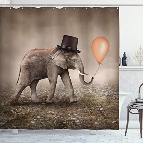 ABAKUHAUS Surreal Duschvorhang, Illusionist Elefant, Stoffliches Gewebe Badezimmerdekorationsset mit Haken, 175 x 180 cm, Orange Schwarz Taupe