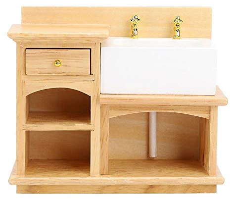 Puppenhaus Holz Waschbecken, 1:12 Mini Puppenhaus Zubehör Miniatur Möbel Realistische Küchenspüle für Badezimmer Küche(Sinken)