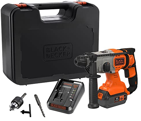 BLACK+DECKER Taladro percutor inalámbrico SDS-Plus 18V, batería 4,0Ah, cargador 2A, caja del kit, mango ajustable, luz LED, BCD900M1K-QW