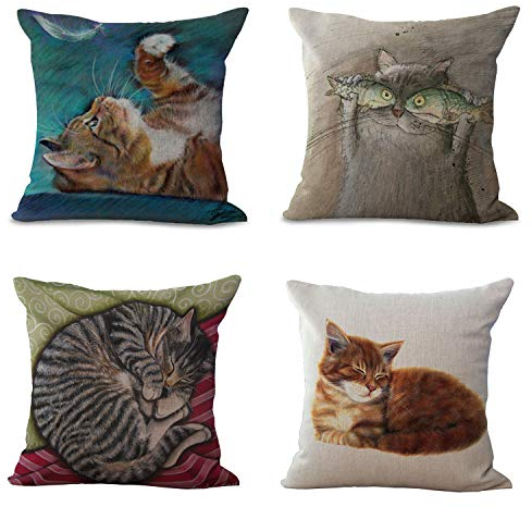 Hengjiang Kissenbezüge, 45 x 45 cm, Ölgemälde-Stil, kreatives Fantasie-Katzen-Muster, Blau, Pink, Rot, Schwarz, Baumwolle, Leinen, 4 Stück