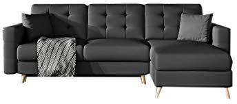 Ecksofa mit Schlaffunktion mit Bettkasten Couch L-Form Polstergarnitur Wohnlandschaft Polstersofa mit Ottomane Couchgranitur mit Bettfunktion - Aslan (Schwarz kunstleder (Soft 11), Ecksofa Rechts)