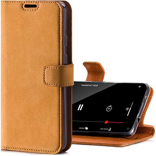 SURAZO Leather Wallet Mobile Phone Case Compatible with iPhone 12 Pro Max - Flip & Fold Smartphone Case with Stand, RFID Blocker, Magnet Closure, 3 Slots for Bank Cards - Handcrafted European Leather