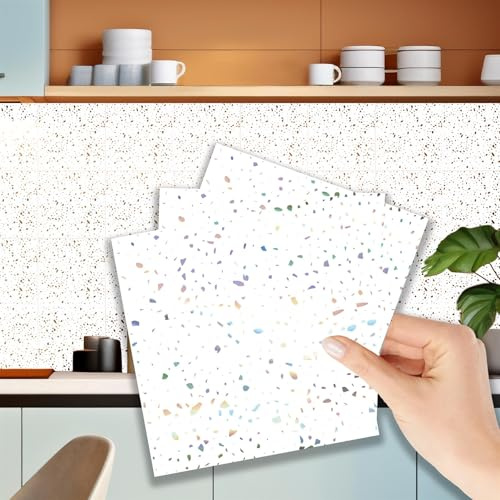 WALPLUS 96 Stück 15x15cm Terrazzo Holografie-Glitter Weiß White Aluminium Folie Wandfliesen Aufkleber Abziehen und Kleben Backsplash Abziehbilder Startseite Dekore Aufkantung für Küche Badezimmer