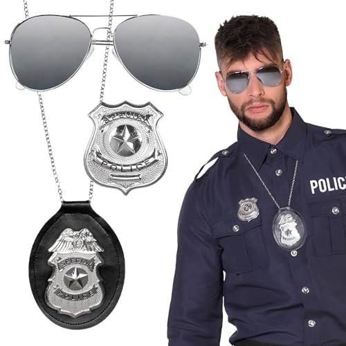 Boland 01417 - 3-teiliges Polizei-Set, Party-Brille, Halskette und Abzeichen, Silber-Schwarz, Unisex, Special Police, Kommissar, Kostüm, Karneval, Mottoparty
