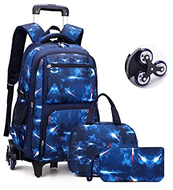 BOUACOUA Trolley Rucksäcke Jungen Schultaschen, Grundschule Trolley Rucksack mit Lunch Tasche Federmäppchen 3-teiliges Schultaschen-Sets für Kinder (Galaxy Blau)