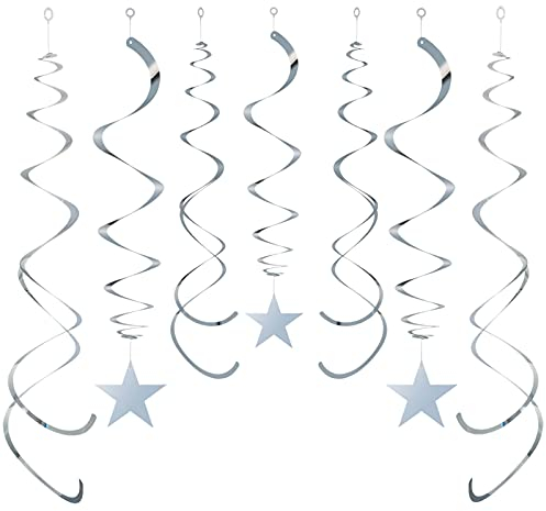 GAKA FAVOR 30 Stück Wirbel Deko Silber Stern Spiralen Girlande Folien Deckenhänger Stern DoppelSpiral Deko für Geburtstag, Hochzeit, Silvester oder Karneval Partydeko