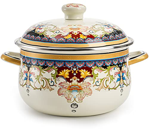 ZENFUN Pentola smaltata da cucina con coperchio, 4,5 litri in stile retrò, per stufato a fiori, in stile vintage, con manici, antiaderente, sicuro per fornelli a induzione, stufa a gas