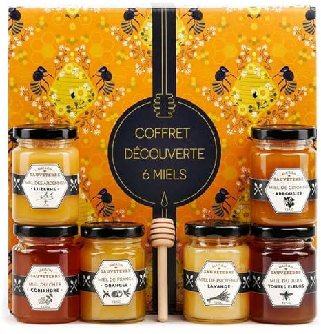 Assortiment de 6 miels de France et cuillère à miel - 6 miels et une cuillère