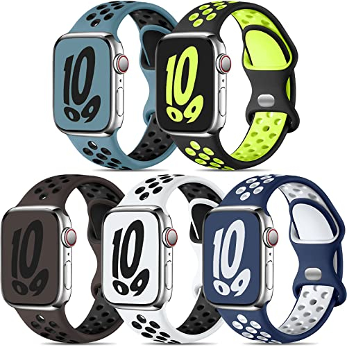 Dirrelo 5 Stück Sportarmband Kompatibel mit Apple Watch Armband 44mm 49mm 45mm 46mm 42mm, Weich Atmungsaktiv Silikonarmband für iWatch Series 10/9/8/Ultra/Ultra 2/7/SE/6/5/4/3/2/1, Dunkle Farbe D, L