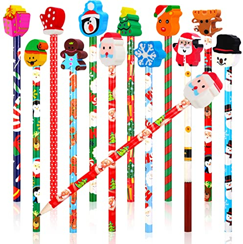 DPKOW Weihnachten Bleistifte Radiergummis, Weihnachten Thema festliche Kinder Schreibwaren Werkzeuge Bleistift mit Radiergummi für Partei Taschenfüller für Klasse Belohnungen Favorit, 24 Stück