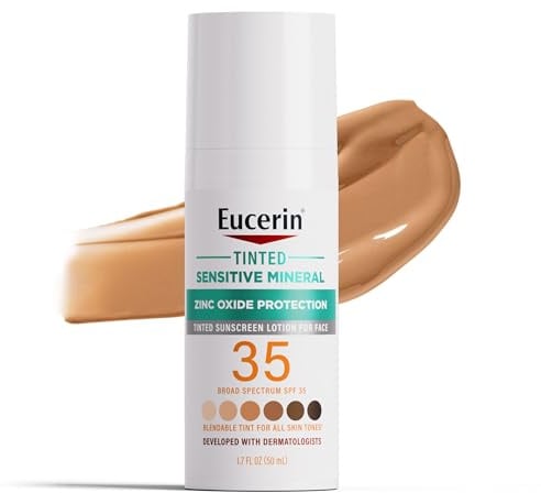 Eucerin Sunscreen Lotion Mineral Tinted Sun Cream SPF 35, Non-Comedogenic Mineral Sun Cream with Soft Zinc Oxide Protection for Sensitive Skin, 1.7 Bottle