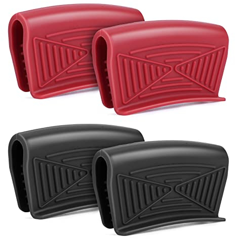 Prasacco 2 pares de asas de silicona para ollas, antideslizantes, resistentes al calor, funda protectora para cuencos de horno, sartenes de hierro fundido, cocina, hornear, color negro, rojo