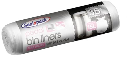 Sealapack Extra Strong 15L White Pedal Bin Liners (64cm x 92cm - 35 Pack) | Tie Handle Liners For Household Waste Bins | Rubbish & Garbage Bags, Kitchens, Bathrooms